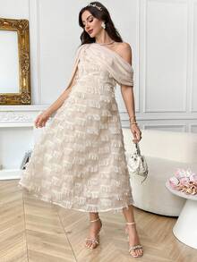 SHEIN Summer Elegant Maternity Dress, Pregnant Women Tassel Decor Asymmetric Collar Off-Shoulder Fringe For Baby Shower Photoshoot Party Babyshower - Apricot - View 4