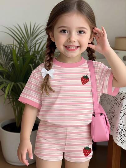 SHEIN 女婴休闲可爱甜美彩虹条纹草莓圆领短袖T恤和打底裤套装，适合春夏舒适穿搭，女童套装，轻松舒适，夏季休闲套装，假日氛围，可爱夏季服装，夏季儿童单品，卡哇伊，派对，卡哇伊，图案，草莓，波点，小妹妹，彩虹