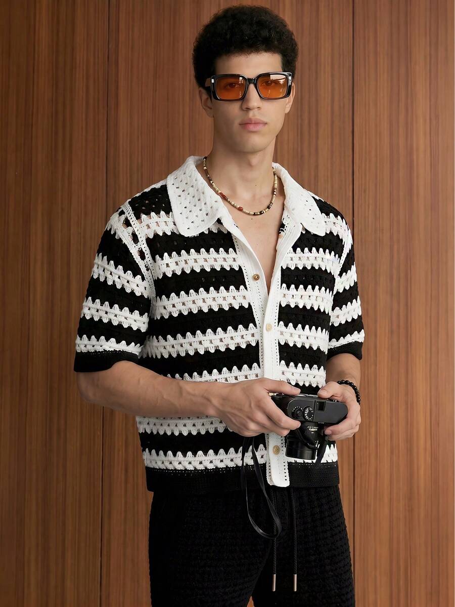 Manfinity Unisex 男士条纹短袖单排扣休闲针织上衣 - 黑與白 - 查看 1