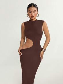 SHEIN ICON Women's Solid Color Minimalist Sleeveless Dress, Casual Daily Wear,Summer Dresses For Women - Brown - View 3