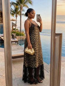 SHEIN Lady CURVE Plus Size Leopard Print Camisole Dress Wedding Guest Vacation Chocolate Brown Summer Sexy Elegant - Multicolor - View 2