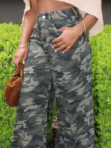 Steph T 女式宽松迷彩直筒牛仔裤，带口袋 - 軍綠色 - 查看 6