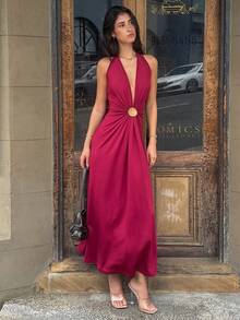 AmyJordy Solid Color Knitted Backless Dress For Women,Bodycon Dress,Christmas,New Year Party, Wedding Guest Outfits, Elegant Graduation, Luxury Prom Dress, Casual Outfits,Fall Winter Clothes - Burgundy - View 4