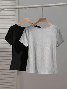 SHEIN EZwear 两件套女士方领短袖休闲修身性感T恤，适合秋冬季街头穿搭，黑色和灰色 - 彩色 - 查看 2