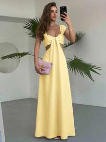 Aloruh Váy maxi phong cách bohemian thanh lịch dành cho nữ, màu be, cổ rộng, khoét lỗ. - Vàng nhạt - Xem 3