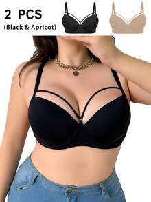 Wedaily 2 pezzi/set Reggiseno comodo con coppa sottile e arricciatura per donne taglia forte, canotta casual minimalista per uso quotidiano - Multicolore - Visualizzare 1