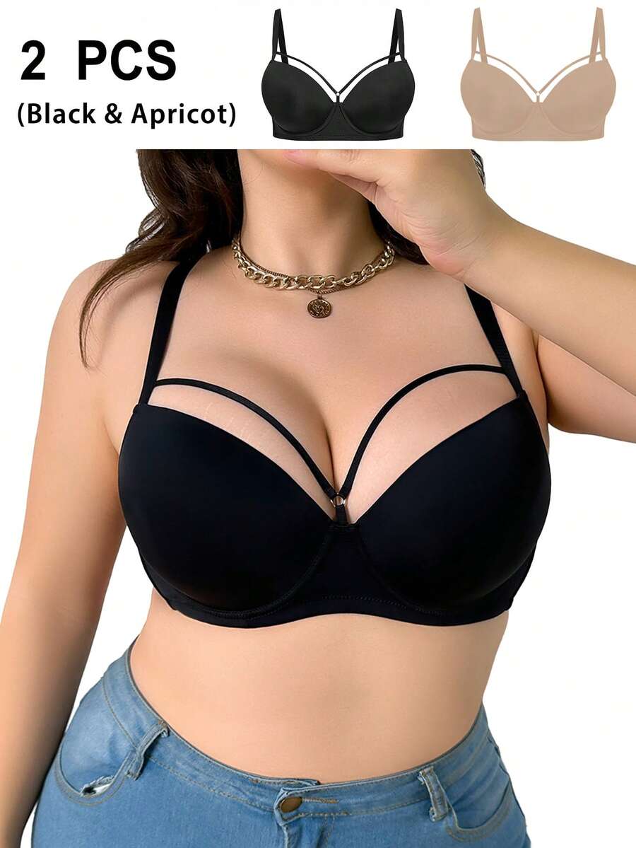Wedaily 2 pezzi/set Reggiseno comodo con coppa sottile e arricciatura per donne taglia forte, canotta casual minimalista per uso quotidiano - Multicolore - Visualizzare 1