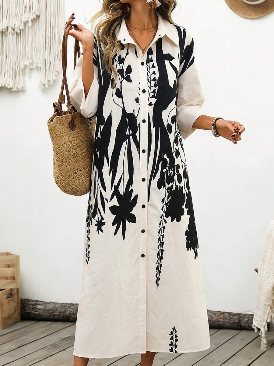 Breezaya Women's Elegant Sexy Casual Vacation Style Turndown Collar Dropped Shoulder Loose Long Floral Print White Shirt Dress Golf Summer - Apricot - View 1
