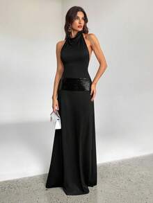 SHEIN Tall Women's Graduation Dresses, Prom Party Dresses, Cocktail Dance, Holiday Sexy, Simple And Elegant Dresses Black Sequin Patchwork Backless Halter Neck Dress Maxi Dress,Summer Dresses For Women Sequin Detail Dress Black Dress - Black - View 4
