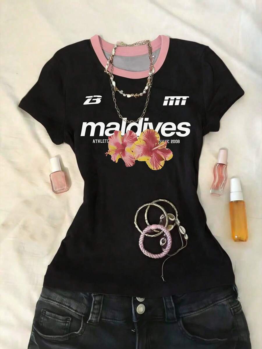 Top corto de punto ajustado, blusa estampada de moda para adolescentes, adecuada para primavera/verano combinada con jeans - Rosa Fucsia - Ver 1
