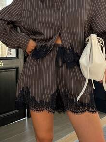 Bộ 2 món áo ngắn và quần short kẻ sọc, trang trí ren đen dành cho nữ. - màu nâu - Xem 5