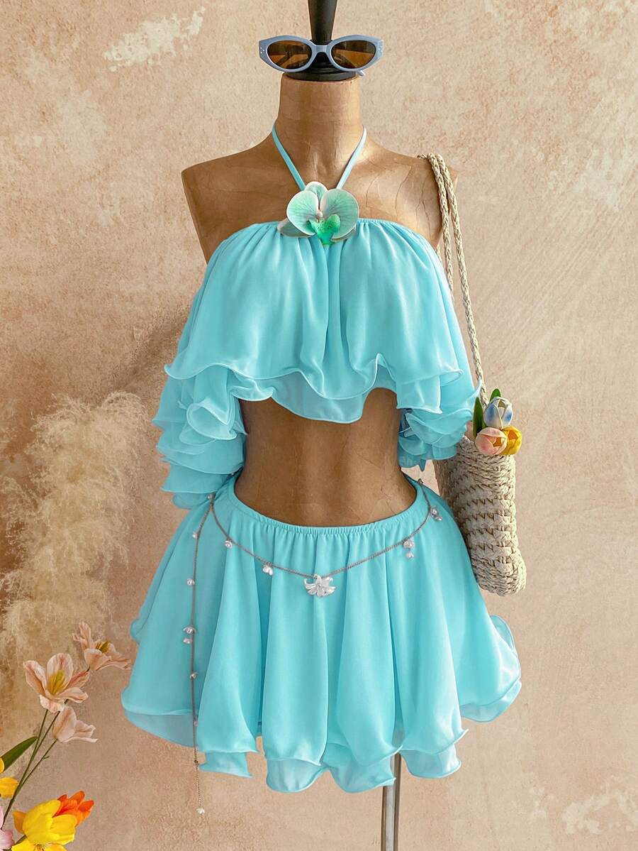 Soleia Women's Vacation Beach Floral Decor Backless Halter Top And Skirt 2 Pieces Set - Mint Green - View 1