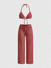 ROMWE Avant Bộ bikini dệt kim kẻ sọc gợi cảm 3 món - Áo tam giác + Quần cạp thấp + Quần ống rộng có thể điều chỉnh | Đồ bơi mùa hè phong cách retro đi biển - Đỏ - Xem 3