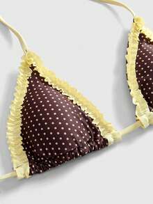 ROMWE Avant Conjunto de bikini de lunares y cuadros retro para mujer, adecuado para salidas, vacaciones, festivales de música, fiestas en la piscina, carnavales y otras ocasiones de verano en la playa - amarillo parduzco - Ver 5