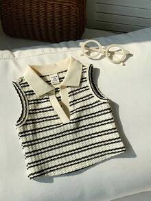 SHEIN Áo polo không tay kẻ sọc dễ thương dành cho bé gái tuổi teen, đa năng cho mùa hè. - Màu be - Xem 4