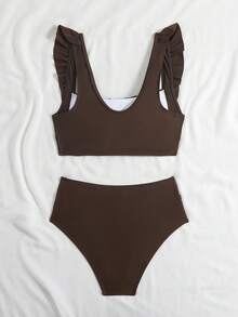 Swim Basics 2pcs Set Women Summer Beach Elegant Vacation Solid Color Ruffle Strap Pleated Chest Crop Top And Ruched High Waist Triangle Bottom Swimwear - Coffee Brown - View 6