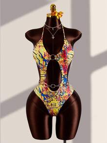 Zestiva Women's White Summer Casual Sexy Beach Golf Vacation Leopard Print Tropical Deep V Cut Out Swimsuit With Matching Skirt, Halter Chain Detail - Multicolor - View 5