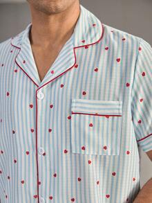 CoupledUp Heart & Stripe Print Gauze Lapel Short Sleeve Shorts Men Pajama Set - Blue and White - View 6