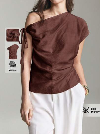 Ontre Women's Comfortable And Skin-Friendly Viscose-Like Fabric Fitted Silhouette Waist Belt Bow Tie Detail Off Shoulder Neckline Oblique Sleeve Cuff 3/4 Sleeve Modern Urban Chic Business Casual Office Wear Low-Key Vintage High-End Commuter High-Quality Airport Cruise Ship Middle East Elegant Wedding Guest Minimalist Luxurious Versatile Seasonal Essential Blouse All-Season Versatile Modern Urban Fashion Business Casual Women's Wear Office Attire Understated Old-Money Style, Elegant And Sophisticated, High-Quality Commuter And Airport Clothes,Summer Top