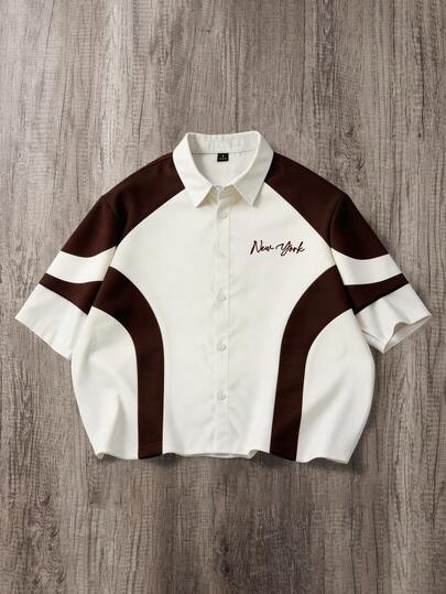 Manfinity Joysei Men's Fashionable Geometric Color Block Print Boxy Cropped Shirt, Suitable For Summer, School, Outings