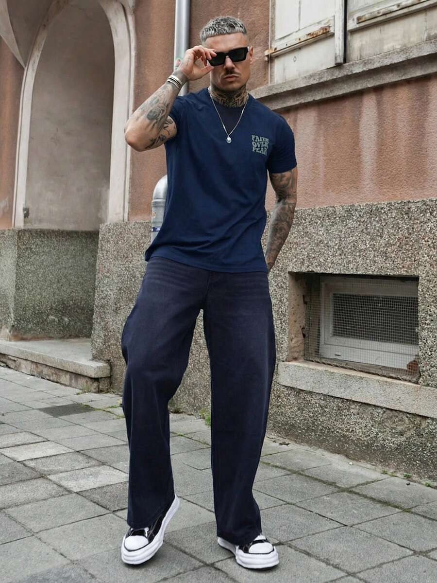 Artur Kramer 男士休闲标语印花短袖 T 恤,夏季 - 藏蓝色 - 查看 1