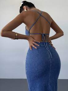 Firerie Đầm denim nữ hở lưng, thiết kế đan chéo, dây mảnh gợi cảm. - Màu xanh lam - Xem 7