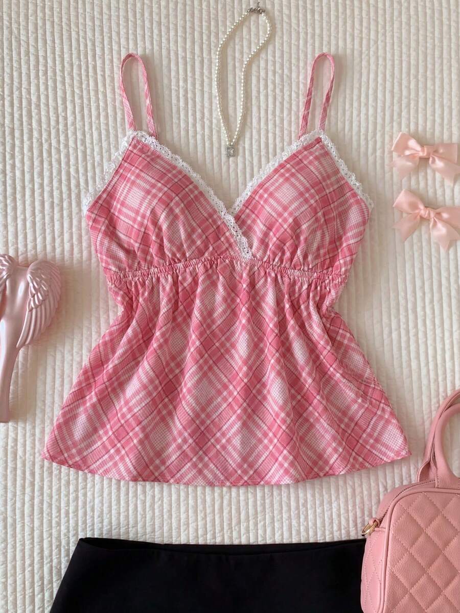 CovetEZ 女士撞色蕾丝格纹荷叶边吊带背心 - 粉色 - 查看 1