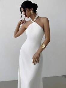 Vestido largo suelto sin mangas y sin espalda, elegante para vacaciones y fiestas, romántico y de moda para el verano, la playa - Blanco - Ver 5