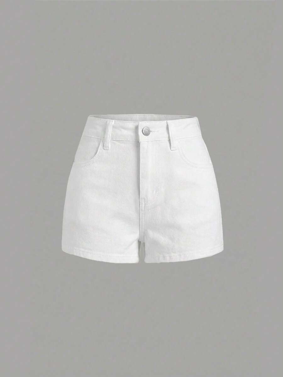SHEIN Girlism Quần short jean denim co giãn cao, dáng ôm, màu trơn, phong cách thường ngày cho bé gái tuổi teen, trang phục mùa hè phong cách boho. - trắng - Xem 1