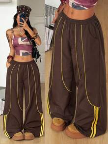 Coolane 女士休闲宽松撞色滚边裤 - 棕色 - 查看 6