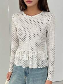 Women's Polka Dot Print Ruffle Hem Long Sleeve Blouse, Summer - Multicolor - View 9