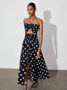 Gossip Girl X SHEIN SHEIN Maija Đầm nữ thời trang in chấm bi đính cườm, cổ yếm buộc dây. - màu đen - Xem 7