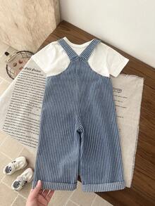Bộ quần yếm denim rộng rãi kẻ sọc xanh dương có hình gấu dành cho bé trai. - Rửa nhẹ - Xem 3