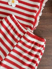 SHEIN 2件套女婴0-3岁春夏休闲日常度假针织黑白条纹荷叶袖圆领T恤和短裤套装 - 紅色 - 查看 7