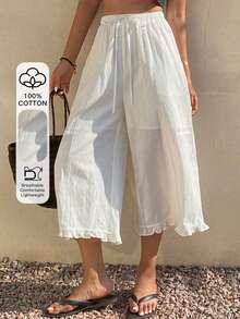 Livesso 女士白色荷叶边休闲纯棉长裤，适合春夏度假穿着 - 白色 - 查看 1