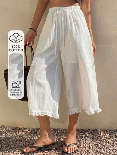 Livesso Quần dài nữ màu trắng có bèo nhún, chất liệu cotton nguyên chất, thích hợp cho kỳ nghỉ xuân hè.