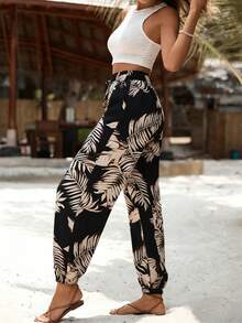 EMERY ROSE Plus Size Women Casual Tropical Print Paper Bag Waist Pants Fall - Multicolor - View 6