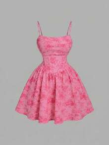 SHEIN MOD Plus Size Women's Elegant Floral Print Waist Cinched Flared Hem Cami Dress, Summer - Watermelon Pink - View 1