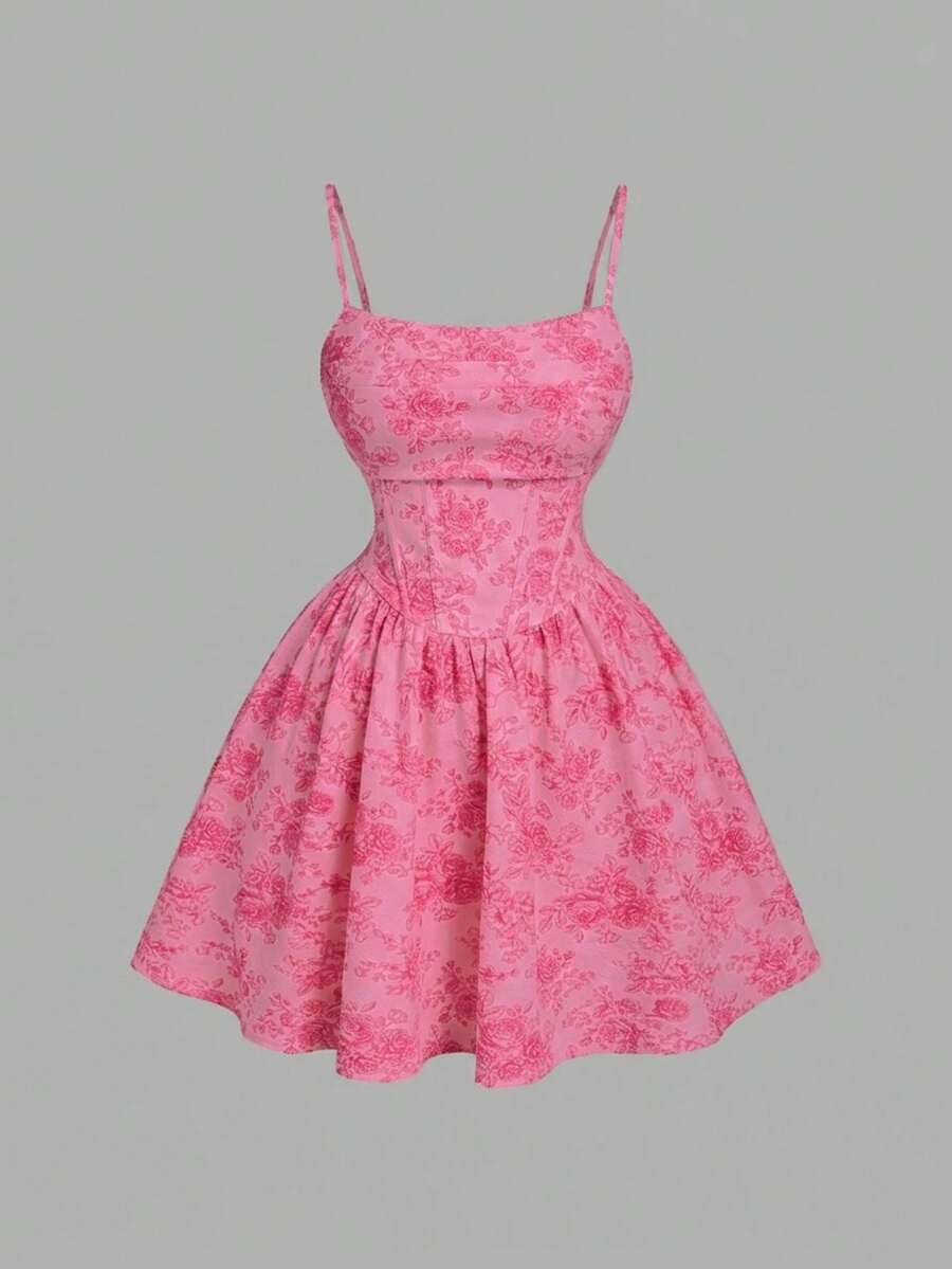 SHEIN MOD Plus Size Women's Elegant Floral Print Waist Cinched Flared Hem Cami Dress, Summer - Watermelon Pink - View 1