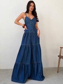 Firerie Bộ jumpsuit denim hai dây hở lưng gợi cảm dành cho nữ, thích hợp cho mùa hè. - Màu xanh lam - Xem 5
