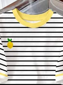 SHEIN Young Girl Retro Lemon Tree & Black-White Striped T-Shirt,Minimalist Round Neck Short Sleeve Beachwear,Casual School Summer Vacation White Top - Multicolor - View 5