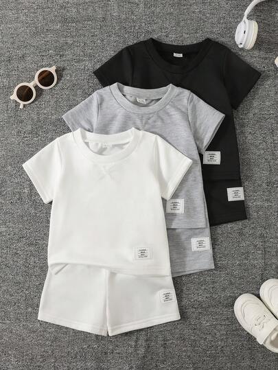 男婴纯色圆领短袖休闲T恤套装，夏季