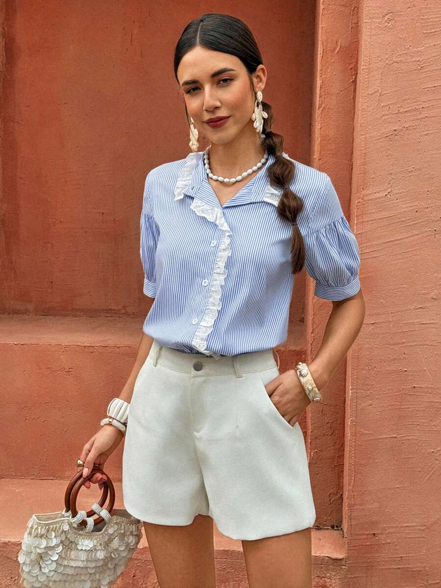 Flora Isola Flora Isola Women's Lantern Sleeve Blouse, Retro Classic Striped Design With Contrast Ruffle Trim, Casual Daily Wear And Party Outfit, Summer New Arrival - Blue - View 1