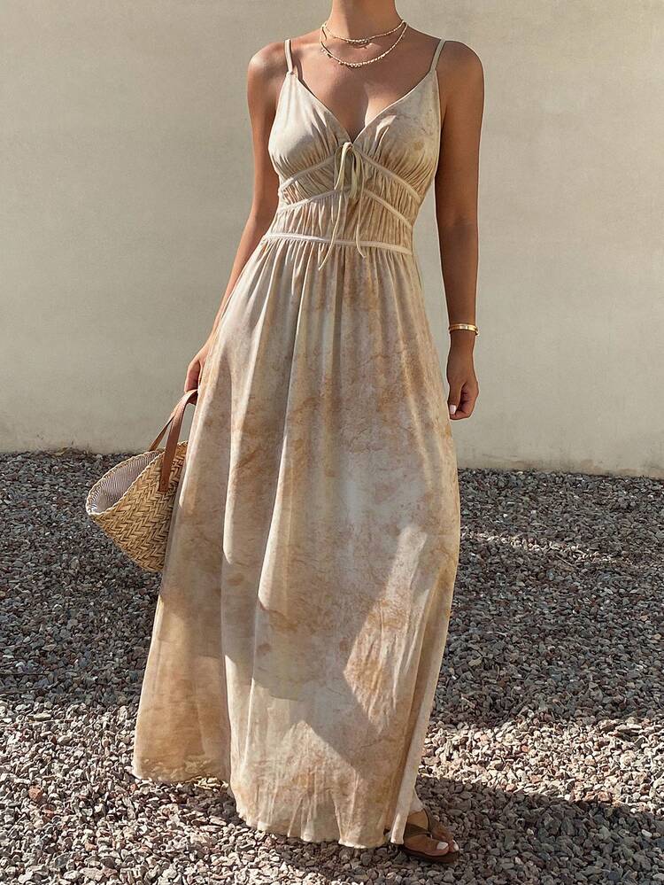 Tie-Dye Waist Tie A-Line Long Umbrella Dress, Elegant Summer Dress For Women