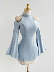 SHEIN Tight-Fitting Mini Off-Shoulder Wide-Sleeve Denim Dress - Blue - View 4