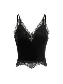 ROMWE Plus Size Dark Gothic Cross Pendant Velvet Slim-Fit Camisole Top For Summer - Black - View 1