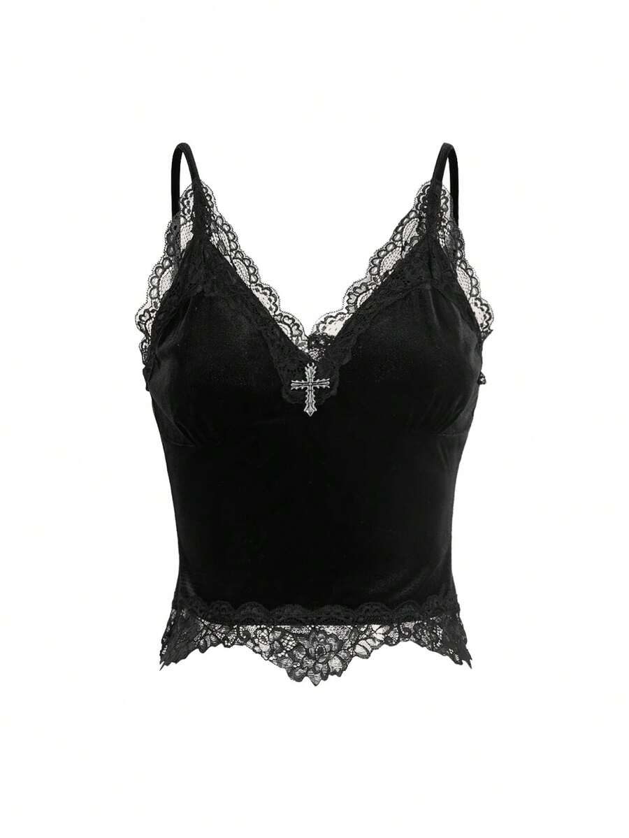 ROMWE Plus Size Dark Gothic Cross Pendant Velvet Slim-Fit Camisole Top For Summer - Black - View 1