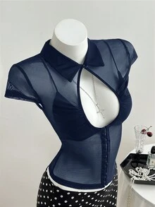 Elamini Áo khoác cardigan nữ mùa hè thường ngày, màu đen, khoét lỗ, cổ tàu, chất liệu lưới xuyên thấu, ôm sát, co giãn, gợi cảm, kiểu áo thun tay ngắn phiên bản cải tiến dành cho nữ giới châu Á, phù hợp cho thời trang đường phố, các bữa tiệc gợi cảm, lễ hội âm nhạc và các buổi khiêu vũ. - Màu xanh hải quân - Xem 4