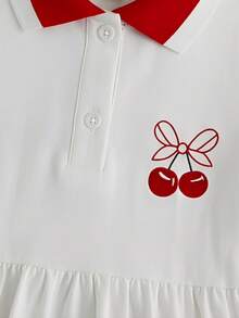 Cozy Pixies 女童白色翻领Polo衫式连衣裙，撞色领樱桃图案休闲连衣裙，适合外出、玩耍、聚会、上学、夏令营及各种场合。 - 白色 - 查看 5