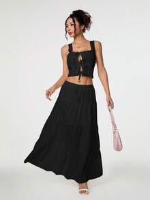 SHEIN PETITE 休闲纯色松紧腰荷叶边下摆A字裙 - 黑色 - 查看 3